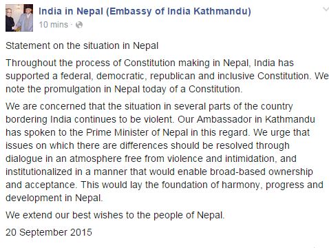 Indian Embassy press release after constitution issuance