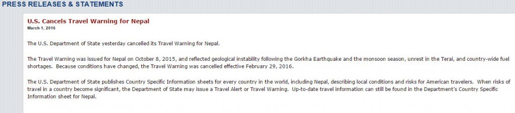 US Emabassy press release on Nepal Travel Advisory canceled